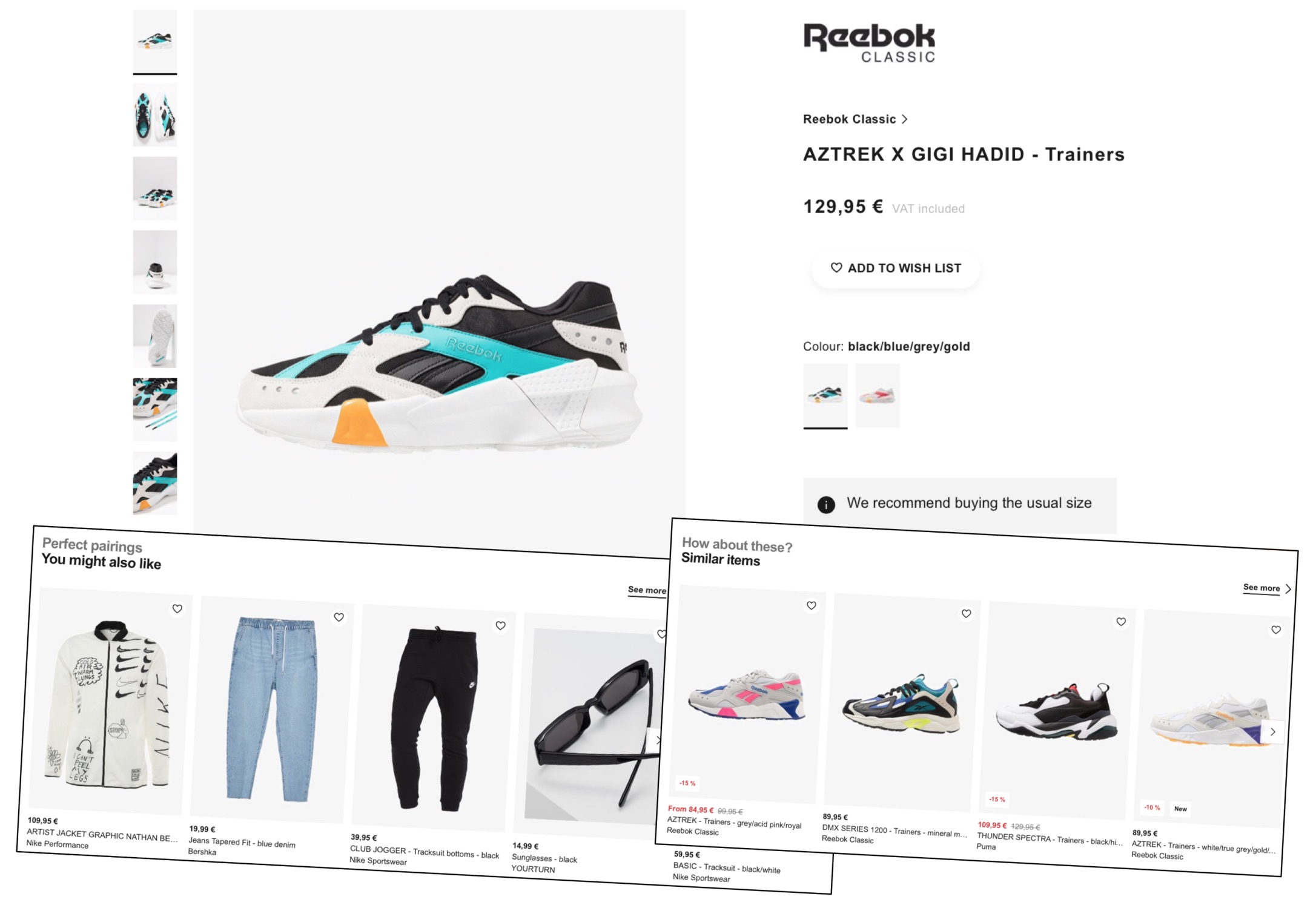 Zalando shows various Product Recommendations for its Product Detail Page